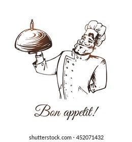 Smiling cook with tray isolated on white background and Bon appetit text. Cafe or restaurant menu cover template. Retro sketch styled vector illustration