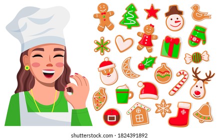 Smiling cook woman show ok good sign. Delicious sweet cookies. Set of christmas cookies, fir-tree, snowman, santa claus, christmas deer, candy, present, glove. Concept of New Year cookies collection