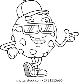 Smiling Cookie Cartoon Character With Cap and Sunglasses Pointing – Black and White Vector Hand Drawn Illustration Isolated On Transparent Background