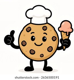 Smiling cookie cartoon character holding an ice cream cone, wearing a chef hat. Ideal for dessert, fun food, or kid-friendly illustrations.

