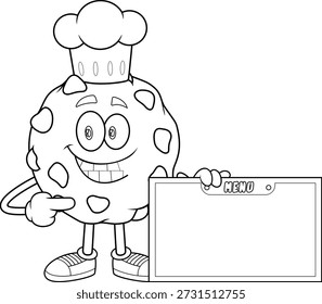 Smiling Cookie Chef Cartoon Character Pointing at Blank Menu Board – Black and White Vector Hand Drawn Illustration Isolated On Transparent Background