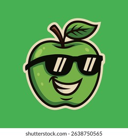 Smiling cool Apple with sunglas - cartoon mascot illustration character vector clip - tee design for printing. Good for poster, wallpaper, t-shirt, gift.