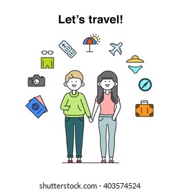 Smiling cool boy and girl characters illustration with travel things around them. Let's go travel concept. Great for tourist and travel agency advertisement.  