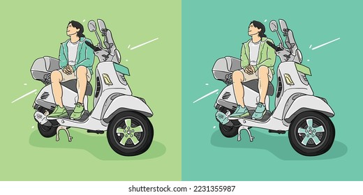 Smiling Cool boy sit on white scooter on the green background line art modern vector illustration