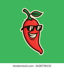 Smiling cool Chilli with sunglas - cartoon mascot illustration character vector clip - tee design for printing. Good for poster, wallpaper, t-shirt, gift.