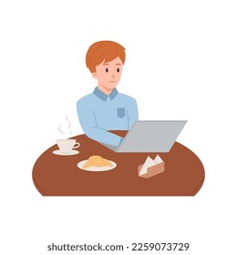 Smiling copywriter boy working on laptop in cafe flat style, vector illustration isolated on white background. Freelancer, remote creative work, making content process