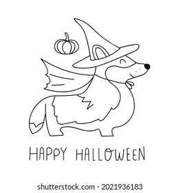 Smiling corgi wearing Halloween costume. Outline vector illustration on white background.