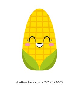 Mazorca de maíz sonriente, personaje de dibujos animados, emociones alegría deleite, ojos grandes, cara feliz, estilo kawaii, Ilustración vectorial.