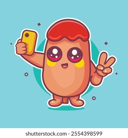 smiling corn dog food character mascot taking a selfie with a smartphone isolated cartoon 