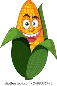 Smiling corn with expressive eyes and green husk