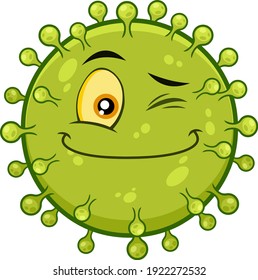 Smiling Coronavirus (COVID-19) Cartoon Emoji Character Winking. Vector Illustration Isolated On Transparent Background