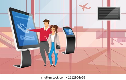 Smiling Couple With Airport Self Service Kiosk Flat Color Vector Illustration. Tourists Faceless Cartoon Characters During Airline Check In. People Using Interactive Touchscreen Panel 