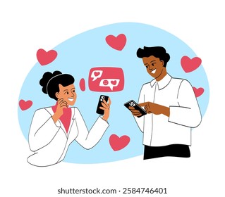 Smiling couple chatting on smartphones with love messages, hearts floating around, on a blue background. Concept of online dating and romance