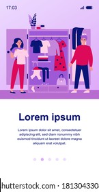 Smiling couple choosing clothes. Wardrobe, dress, t-shirt flat vector illustration. Fashion and relationship concept for banner, website design or landing web page