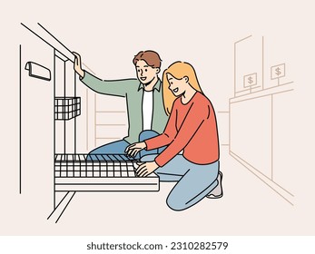 Smiling couple choosing dishwasher in hypermarket. Happy man and woman look at dishwashing machine in store. Household shopping. Vector illustration. 