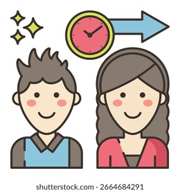 Smiling Couple with Clock and Arrow, Illustrative Time Managemen