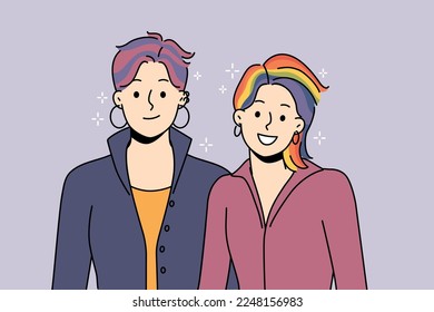 Smiling couple with colorful hair support LGBTQ movement. Happy people in cool funky image stand with LGBT community. Freedom and pride parade. Vector illustration. 