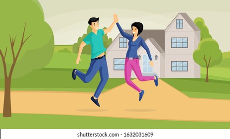 Smiling couple and country house flat vector illustration. Bargain, good buy, joyfulness, positive emotions. Happy family, jumping boyfriend and girlfriend outdoor cartoon characters