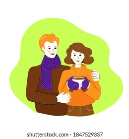 Smiling couple with cup of hot coffee in hands. Young woman wears oversize pullover and mittens, man wears bright knitted scarf. They look happy and enjoy their time hugging. Flat vector illustration