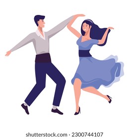 Pareja sonriente bailando en icono de celebración aislado