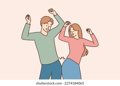 Smiling couple dancing together celebrating success. Happy man and woman make gesture have fun enjoy celebration. Vector illustration. 