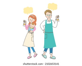 Smiling couple disinfecting inside the house