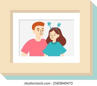 Smiling couple enjoying a joyful moment, with the woman wearing a whimsical headband featuring playful antennas, beautifully framed in a light brown frame with passepartout