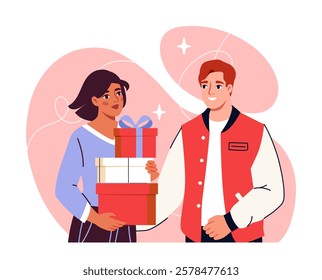 A smiling couple exchanging gift boxes on a soft pink abstract background. The man wears a jacket, and the woman holds stacked presents. Vector illustration