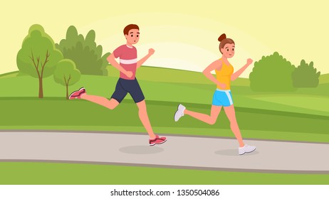 Smiling couple friends running in park on morning flat style vector illustration