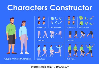 Smiling couple front view animated flat vector characters design set. Сharacter animation creation cartoon pack. Man, woman constructor with various face emotion, body poses, hand gestures, legs kit