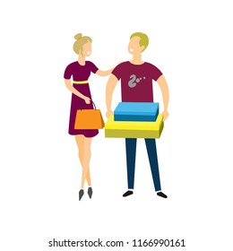 Smiling couple holding gift boxes flat vector illustration. Young man and woman standing. Shopping, gift and sale concept.