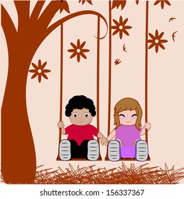 smiling couple holding hands under a flowering tree and sat on a swing.