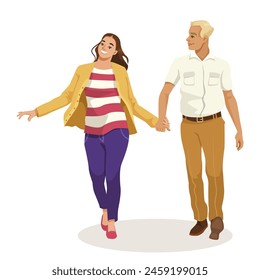 Una pareja sonriente cogida de la mano y caminando, Ilustración vectorial, sobre un fondo blanco liso, concepto de relación y felicidad. Ilustración vectorial