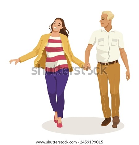 A smiling couple holding hands and walking, vector illustration, on a plain white background, concept of relationship and happiness. Vector illustration