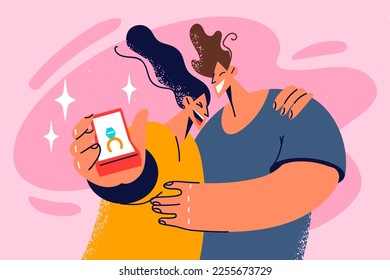 Smiling couple hug feel excited being engaged. Overjoyed woman show engagement ring embrace male lover celebrate proposal. Vector illustration. 