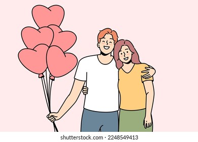 Smiling couple hug holding bunch of balloons in heart shape. Happy man and woman celebrate anniversary together. Love and relationships. Vector illustration. 