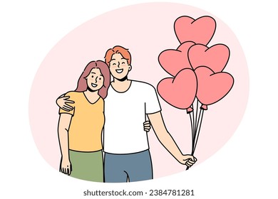 Smiling couple hug holding bunch of balloons in heart shape. Happy man and woman celebrate anniversary together. Love and relationships. Vector illustration.