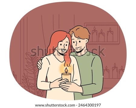 Smiling couple hug holding burning candle in hands enjoy romantic evening at home. Happy man and woman with candlelight in darkness. Love and romance. Vector illustration.