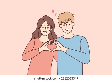 Smiling couple hug show heart hand gesture. Happy man and woman demonstrate love sign share affection and care. Relationships concept. Vector illustration. 