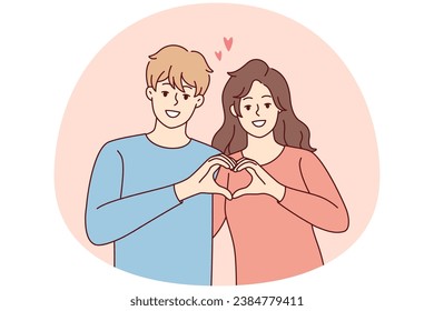 Un abrazo de pareja sonriente muestra gesto de la mano del corazón. Un hombre y una mujer felices demuestran amor y comparten cariño y cuidado. Concepto de relaciones. Ilustración vectorial.