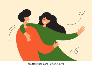 Smiling couple hugging dancing. Man holding and embracing woman by hands. Love, romantic relationship together vector illustration. Happy lovers people embrace one another. Female and male dance party