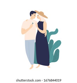 Smiling couple hugging walking together at summer street vector flat illustration. Happy young man and elegant woman feeling love and tenderness isolated on white. Cartoon pair people embrace