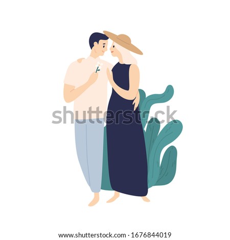 Smiling couple hugging walking together at summer street vector flat illustration. Happy young man and elegant woman feeling love and tenderness isolated on white. Cartoon pair people embrace