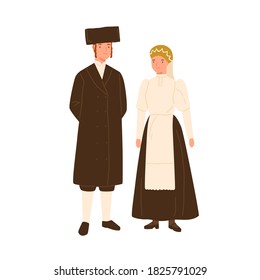 Smiling couple Israel citizen in national costume vector flat illustration. Man and woman jews in traditional apparel isolated on white. People wearing native headdress and clothes standing together