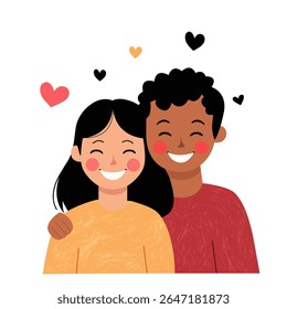 Smiling couple in love. Flat illustration, romantic relationship.