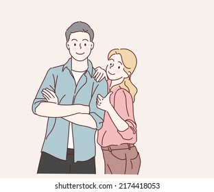 Smiling couple in love. Hand drawn in thin line style, vector illustration.