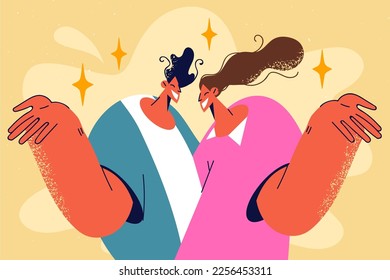 Smiling couple making hand gesture posing together. Happy man and woman feeling optimistic and joyful. Relationship concept. Vector illustration. 