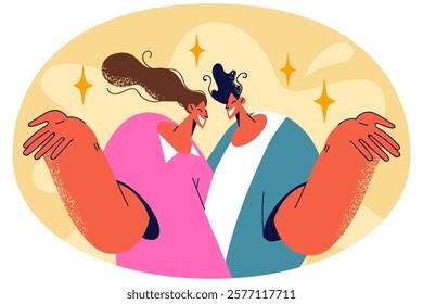 Smiling couple making hand gesture posing together. Happy man and woman feeling optimistic and joyful. Relationship concept. Vector illustration.