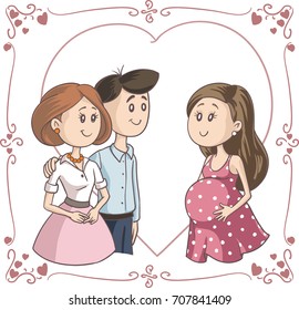 Smiling Couple Next to Surrogate Mother Vector Illustration - Happy mother to be being congratulated for her pregnancy 
