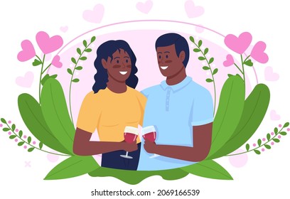 Smiling couple on date 2D vector isolated illustration. Young man and girl drinking wine together flat characters on cartoon background. Romantic moment with boyfriend, girlfriend colourful scene